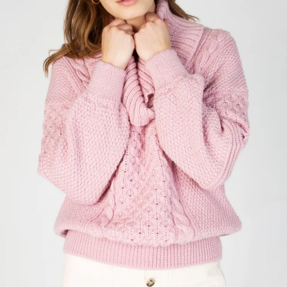 Ireland's Aster Shawl Collar Oversized Cozy Pink Cable Knit Sweater Pastel Pink - Picture 5 of 11